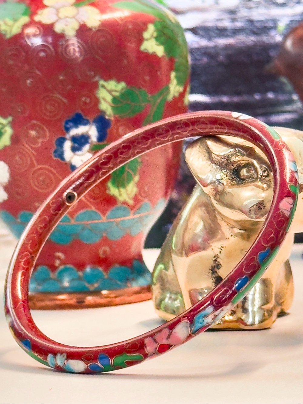 Authentic Cloisonné Brick Red Floral Enamel Bangle Bracelet Vintage
